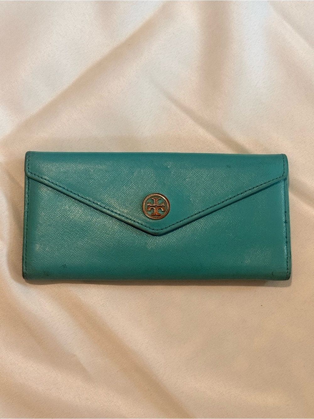 Tory Burch Turquoise Envelope Wallet with Logo Medallion